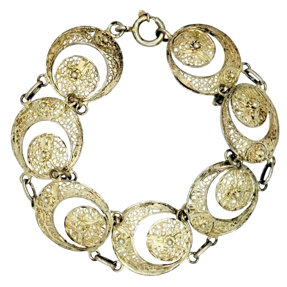 Vintage Gold Bracelet with Filagree Crescents - 1950s - 1960s Handmade in Europe